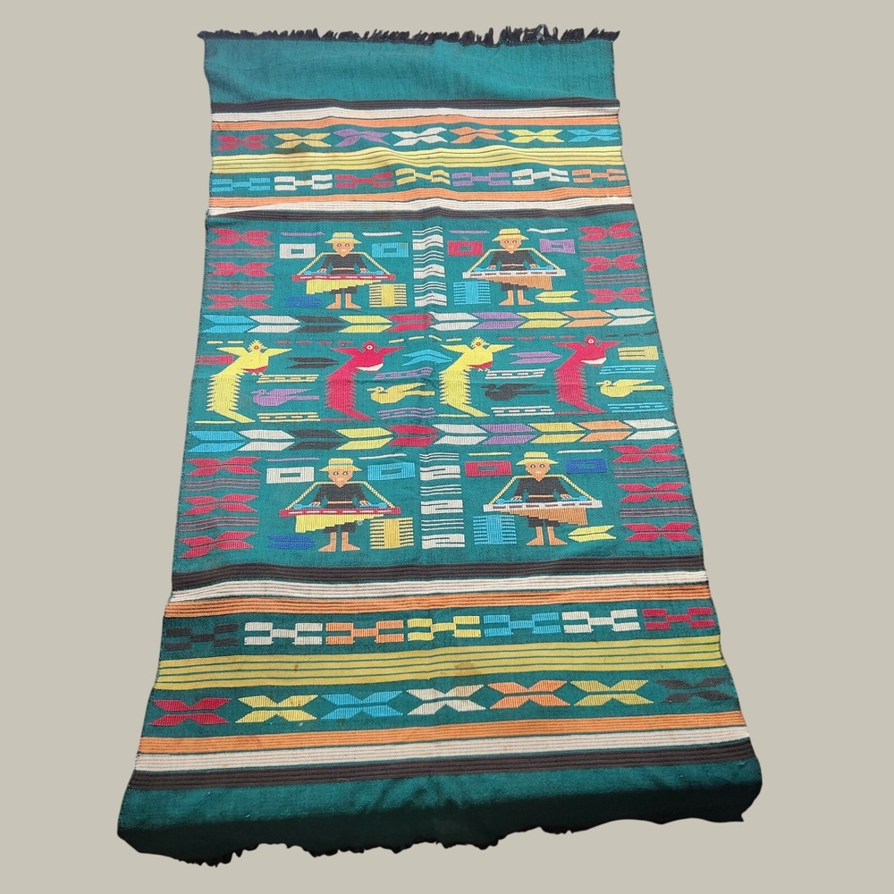 Vintage Handwoven Guatemalan Tapestry Teal Mayan Folk Art Bird Textile 60x30